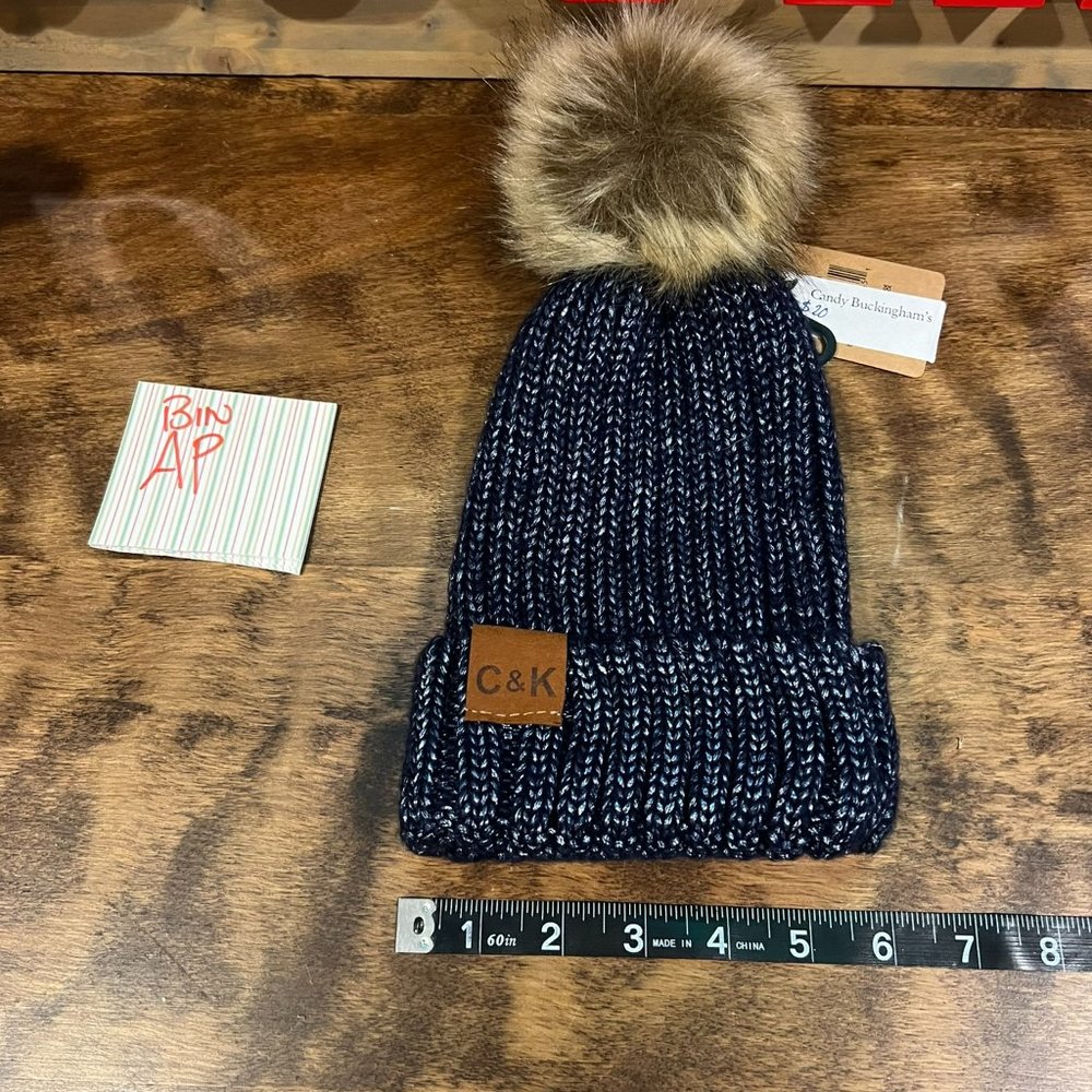 C&K Navy and sparkly knit puffy ball hat